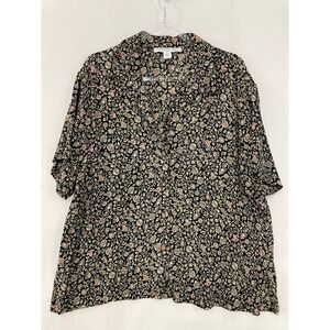 NWT Vintage Josephine Chaus Shirt Large Black Floral Rayon Short Sleeve Relaxed